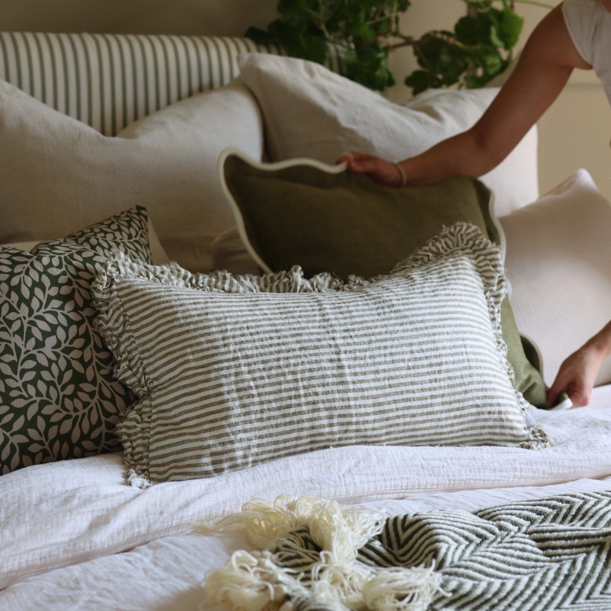 Hallie Olive Stripe Ruffle Cushion 50x30