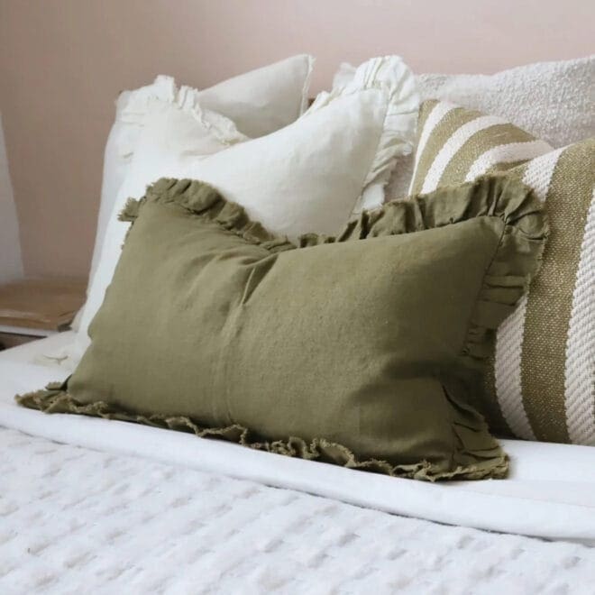 Hallie Olive Green Ruffle Cushion 50×30