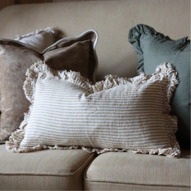 Hallie Light Brown Stripe Ruffle Cushion 50×30