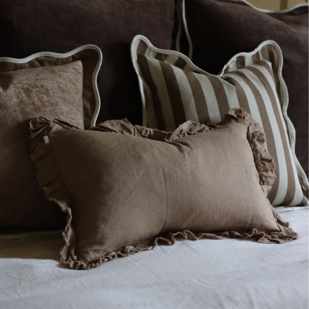 hallie coffee brown ruffle cushion 50x30