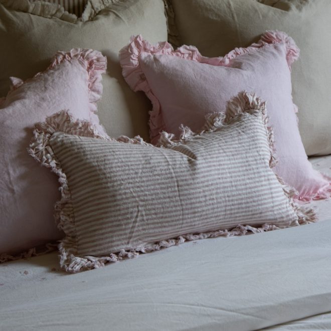 Hallie Pink Stripe Ruffle Cushion 50×30
