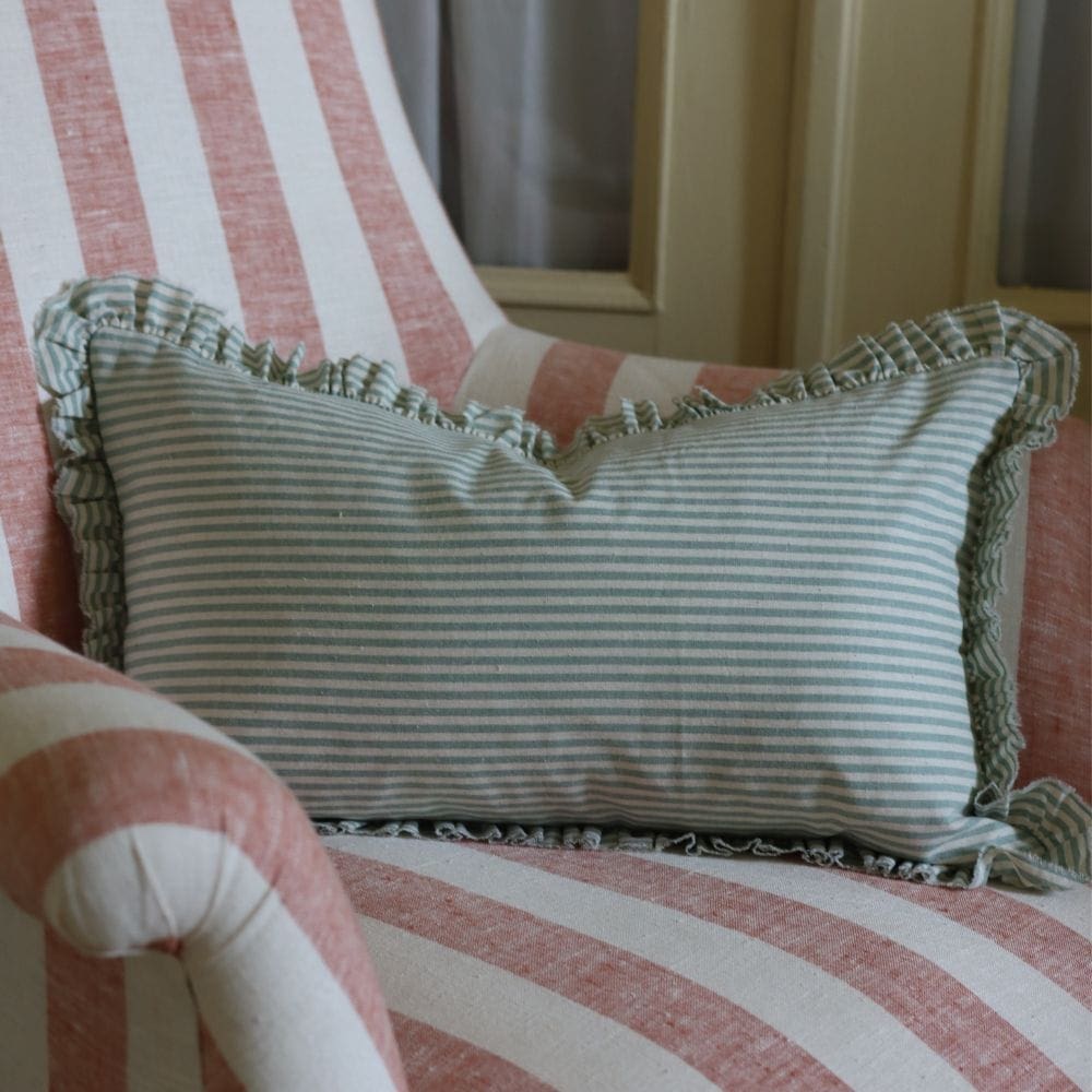 darcy sage stripe ruffle cushion 50x30