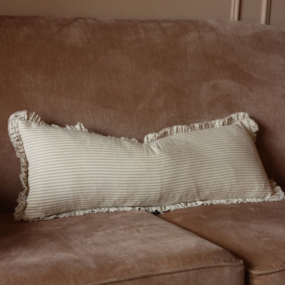 darcy beige stripe ruffle bolster cushion