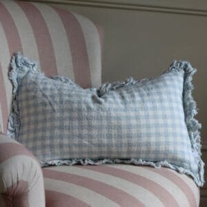hallie blue gingham ruffle cushion 50x30