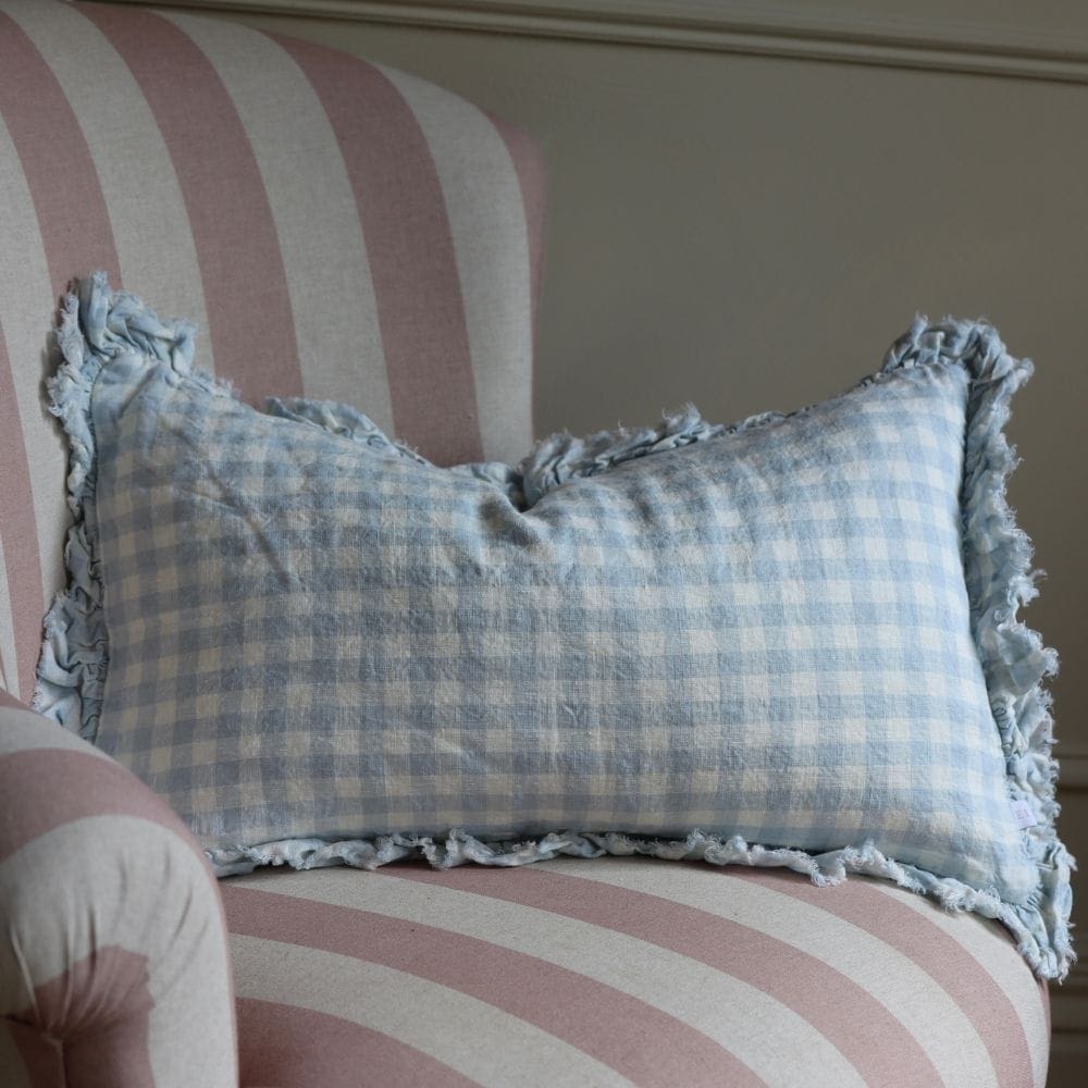 hallie blue gingham ruffle cushion 50x30