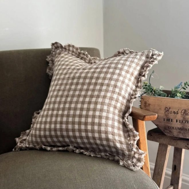 Hallie Brown Gingham Ruffle Cushion