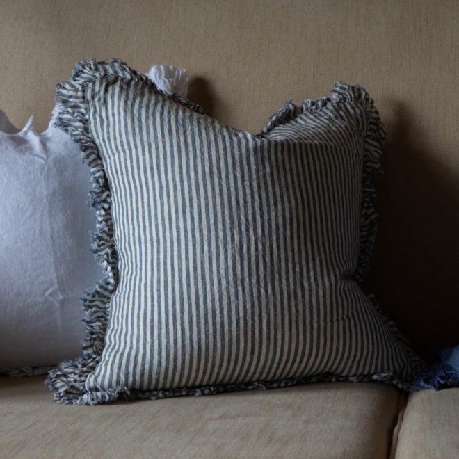 Hallie Navy Stripe Ruffle Cushion