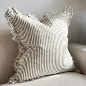 hallie olive stripe ruffle cushion