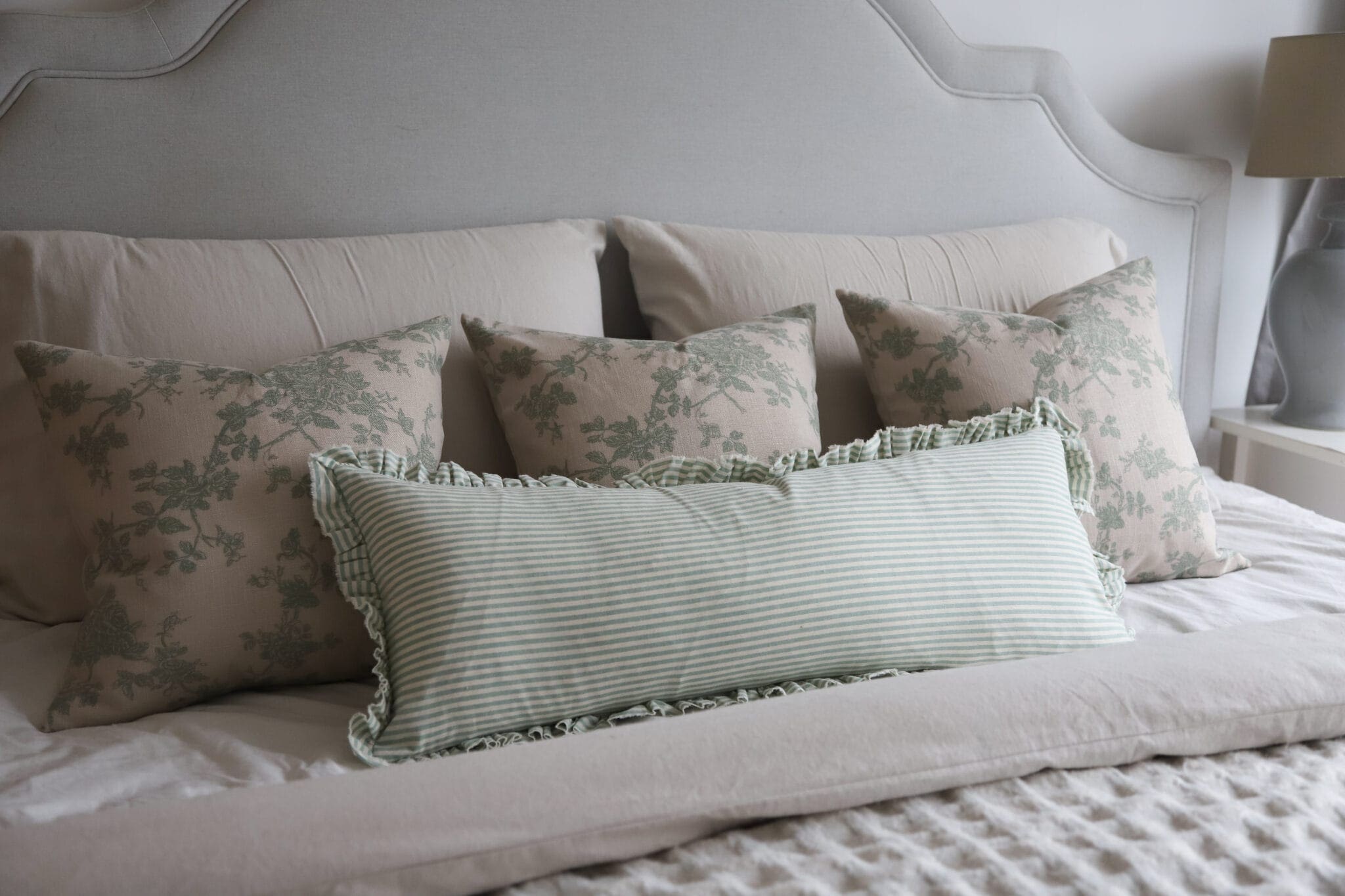 Darcy Sage Stripe Ruffle Cushion 80x30