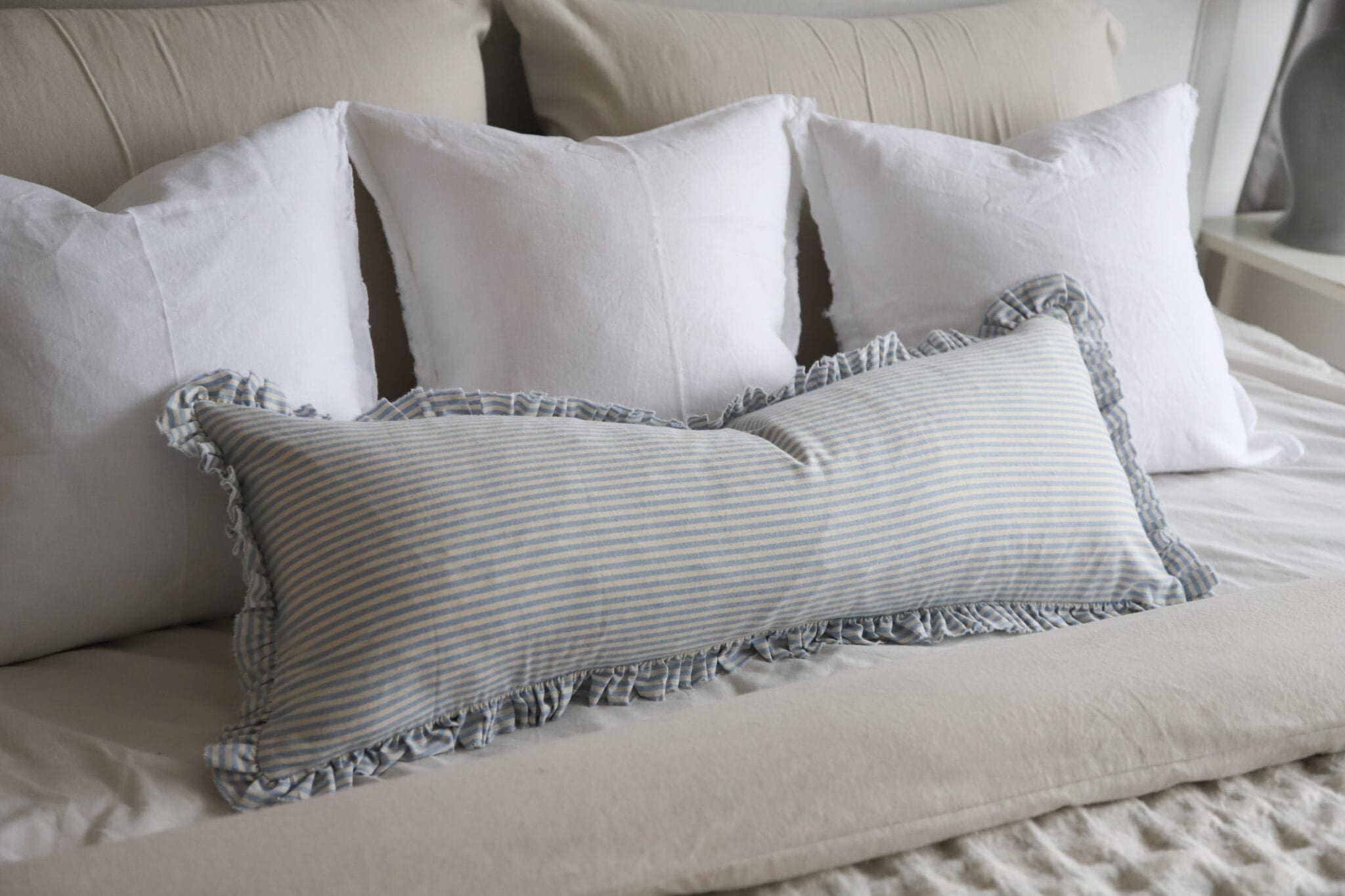 Darcy Blue Stripe Ruffle Cushion 80x30