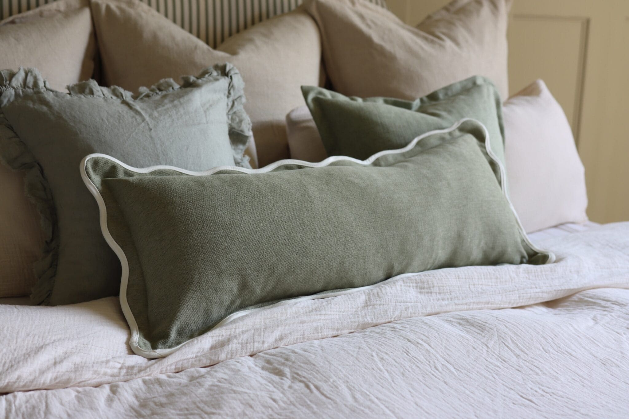 Chloe Sage Scalloped Edge Bolster Cushion