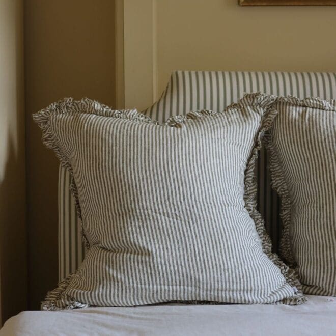 Hallie Olive Stripe Ruffle Cushion 65×65