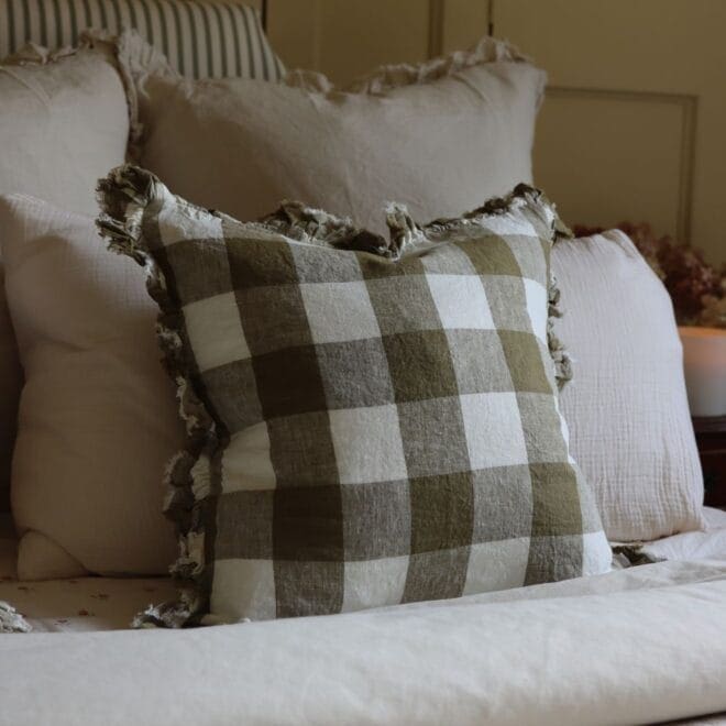 Hallie Olive Gingham Ruffle Cushion