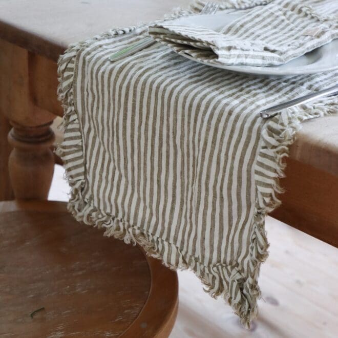 Olive Stripe Ruffle Table Runner