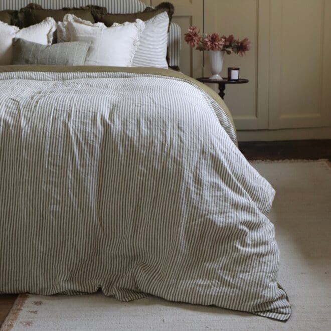 Luxury Olive Stripe Linen Bedding Set