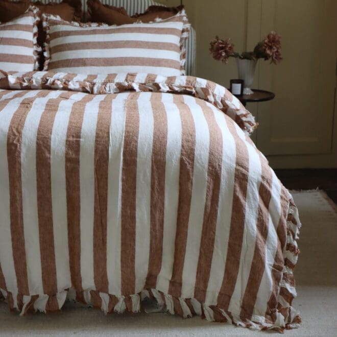 Luxury Rust Stripe Ruffle Linen Bedding Set