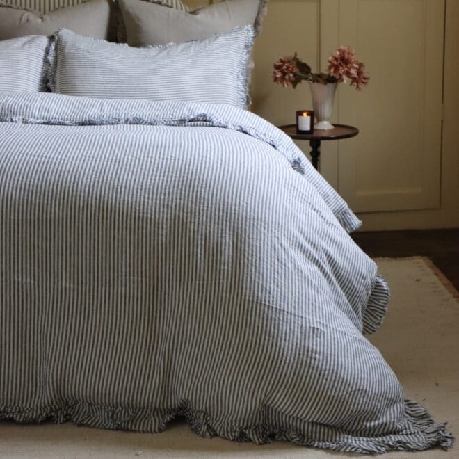 Luxury Navy Stripe Ruffle Linen Bedding Set