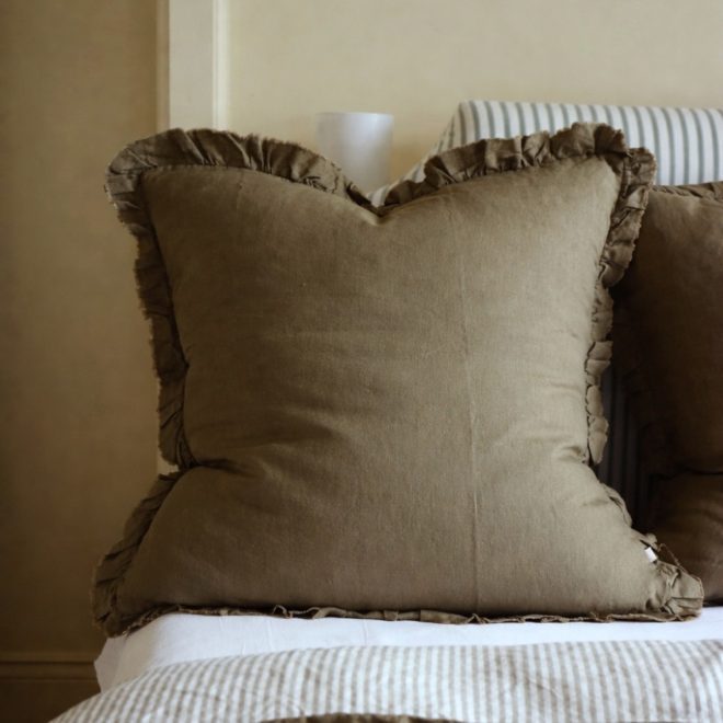 Hallie Olive Green Ruffle Cushion 65×65