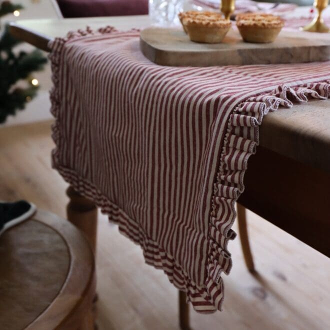 Burgundy Stripe Ruffle Table Runner