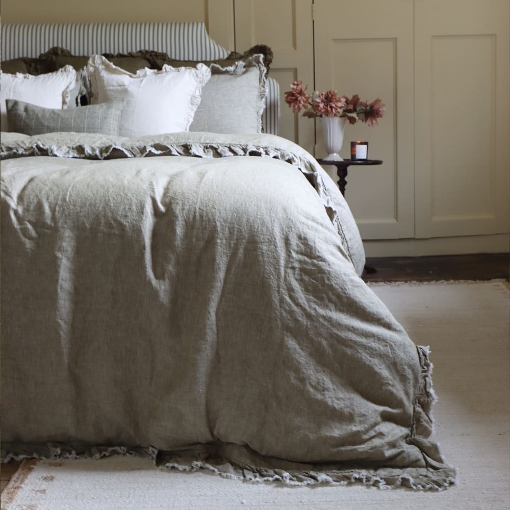Luxury Washed Olive Ruffle Linen Bedding Set