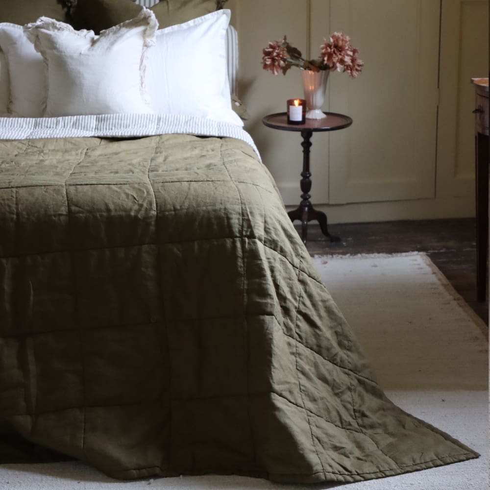Luxury Olive Linen Quilted Bedspread