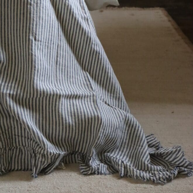 Navy Stripe Ruffle Linen Bedspread