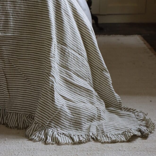 Olive Stripe Ruffle Linen Bedspread
