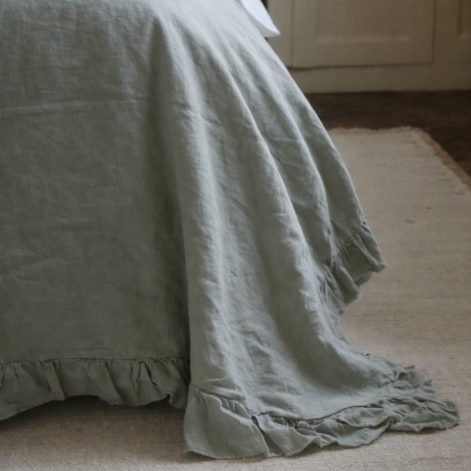 Sage Ruffle Linen Bedspread