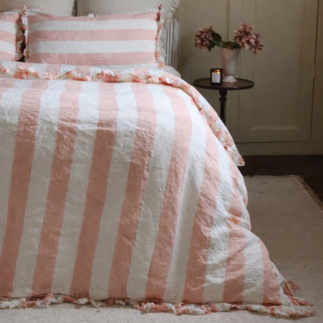Luxury Pink Stripe Ruffle Linen Bedding Set