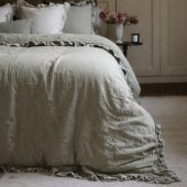 Luxury Washed Olive Ruffle Linen Bedding Set