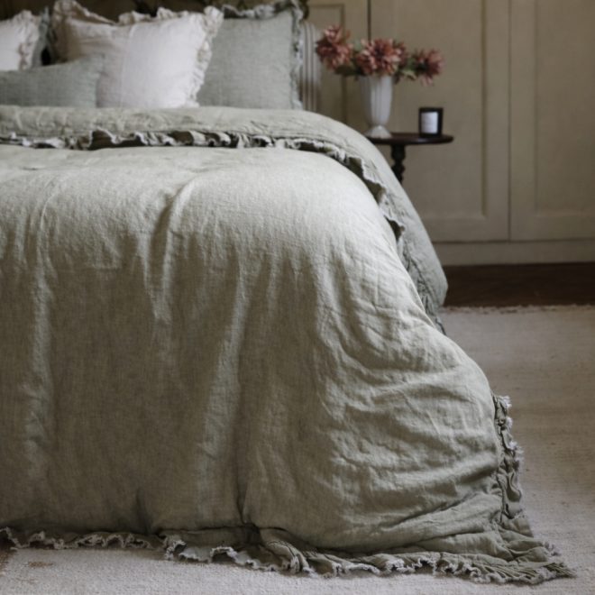 Luxury Washed Olive Ruffle Linen Bedding Set