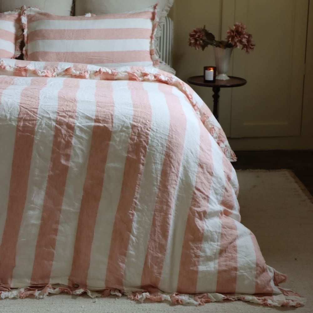 Luxury Pink Stripe Ruffle Linen Bedding Set
