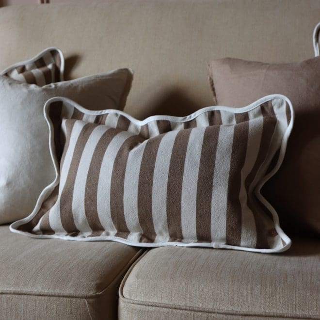 Chloe Brown Stripe Scalloped Edge Cushion 50×30