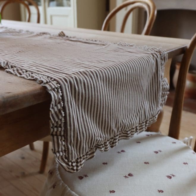 Dark Brown Stripe Ruffle Table Runner