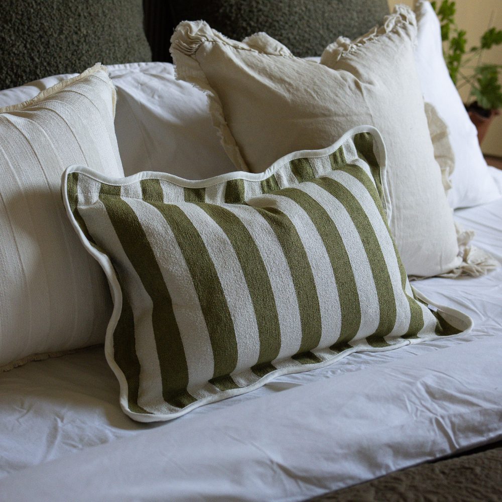 Chloe Olive Stripe Scalloped Edge Cushion 50x30