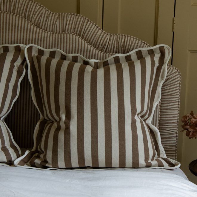 Chloe Brown Stripe Scalloped Edge Cushion 65×65