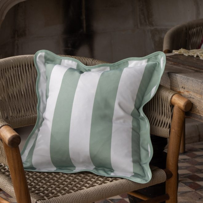 Outdoor Sage Stripe Scalloped Edge Cushion