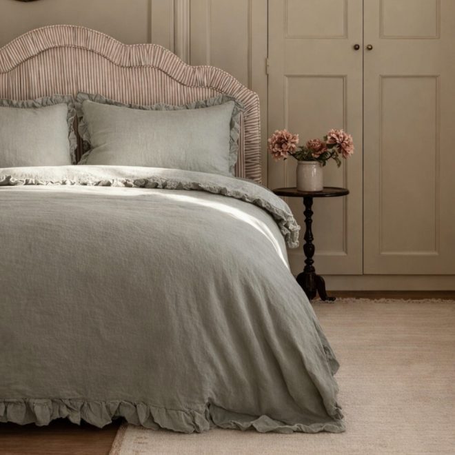 Luxury Sage Green Ruffle Linen Bedding Set
