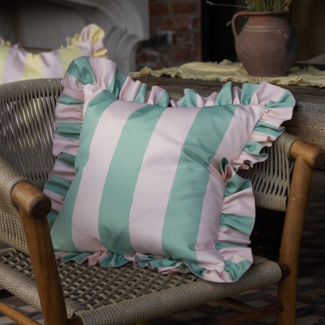 Outdoor Sage & Pink Ruffle Cushion