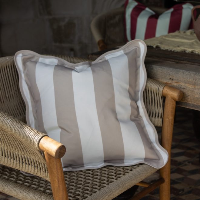 Outdoor Greige Stripe Scalloped Edge Cushion