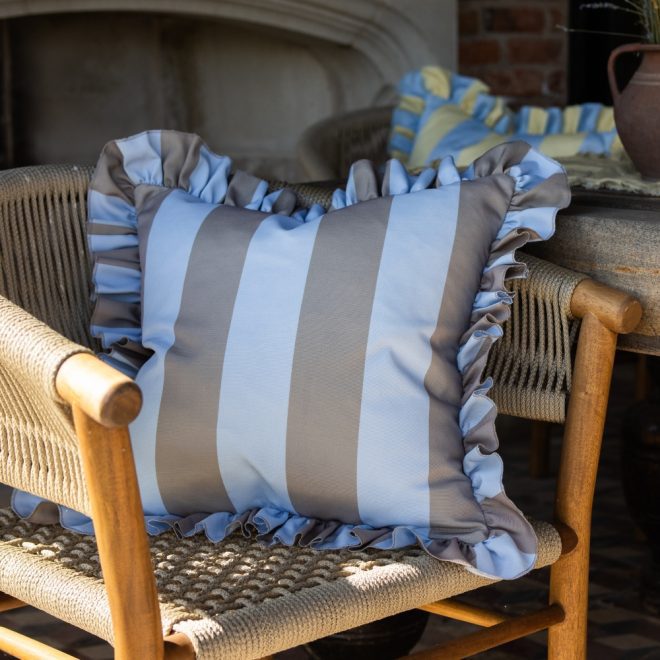 Outdoor Brown & Blue Ruffle Edge Cushion