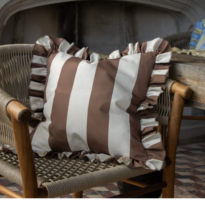 Outdoor Brown & Cream Ruffle Edge Cushion