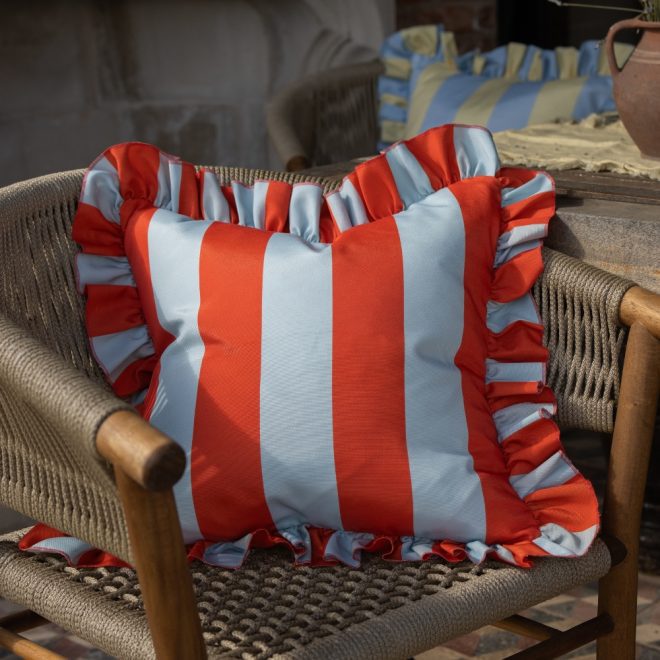 Outdoor Blue & Red Ruffle Edge Cushion