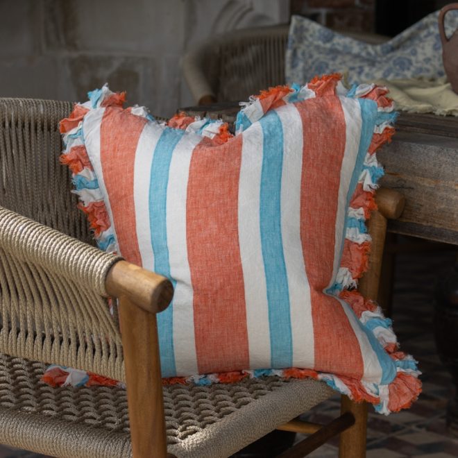 Hallie Coral Stripe Ruffle Cushion