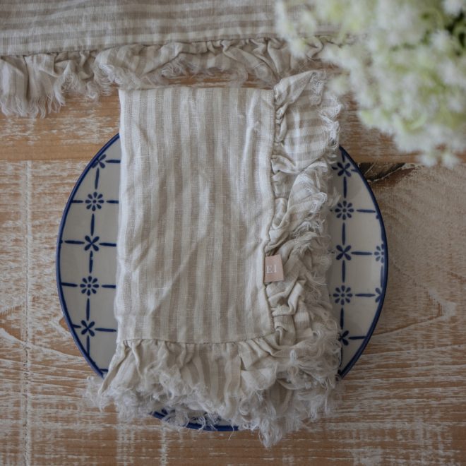 Natural Beige Stripe Ruffle Linen Napkins