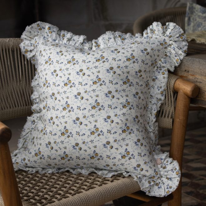 Hallie Blue Ditsy Floral Ruffle Cushion