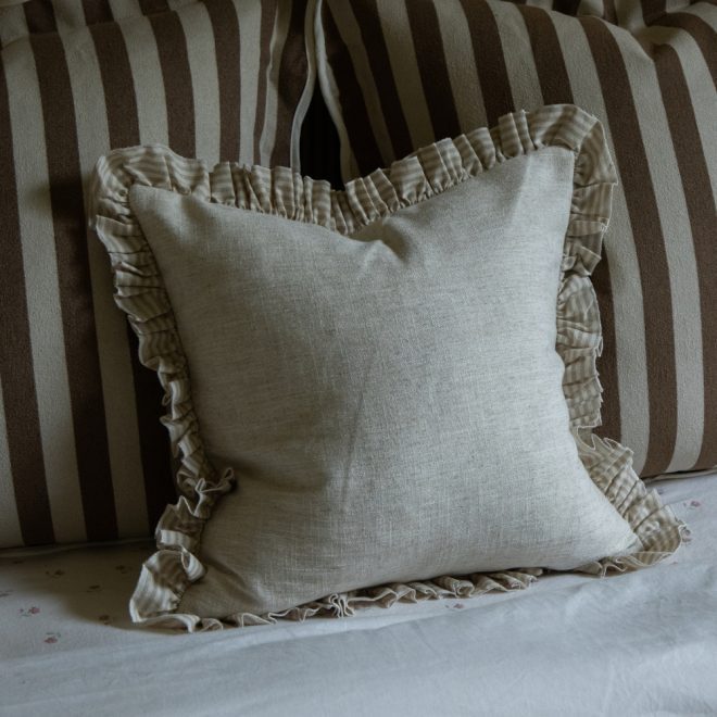 Bella Beige Stripe Ruffle Edge Cushion